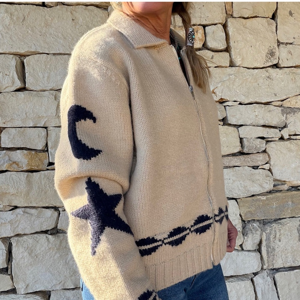 Beige and Navy Star and Moon Women's Sweater Jacket